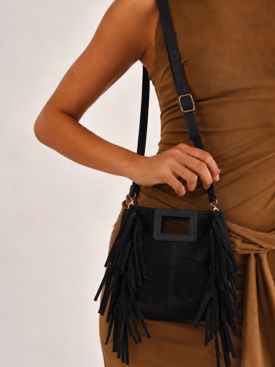 Stoff Damenhandtasche Schulter / Handtasche Wildleder mit Fransen Schwarz