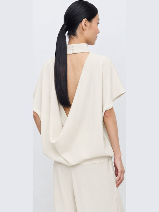 Damen Kurzärmeliges Drapierungs Top Ecru