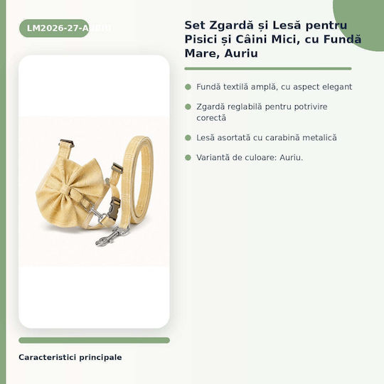 Set zgardă și lesă pentru pisici și câini mici și mari cu fundă aurie