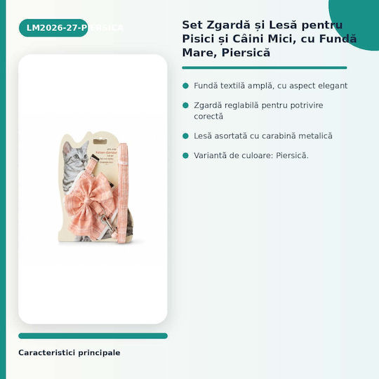 Set zgardă și lesă pentru pisici și câini mici și mari cu fundă piersică