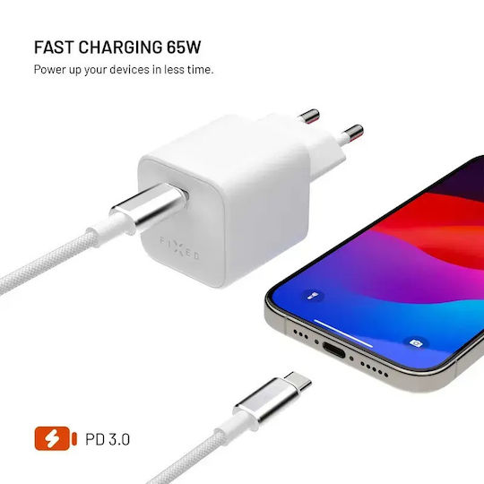 Fixed Încărcător GaN cu Port USB-C și Cablu USB-C - USB-C 65W Power Delivery Alb