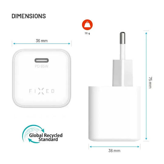 Fixed Încărcător GaN cu Port USB-C și Cablu USB-C - USB-C 65W Power Delivery Alb