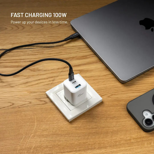 Fixed Încărcător Fără Cablu GaN cu Port USB-A și 2 Porturi USB-C 100W Power Delivery Alb (Mini)
