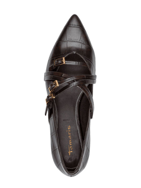 Leather Women's Pointed Toe Animal Print Ballerina Shoes with Brown Strap / Buckle