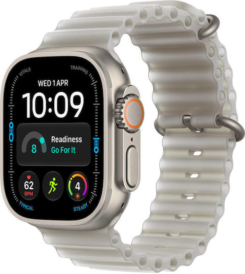 Apple Watch Ultra 4 Titanium 49mm Waterproof with Heart Rate Monitor (Natural Titanium with Translucent Grey Ocean Band)