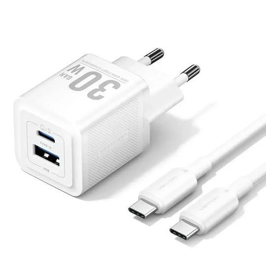 Vention GaN Charger With USB-A Output Port And USB-C Output Port And USB-C - USB-C Cable 70W White (FCGW0-EU)
