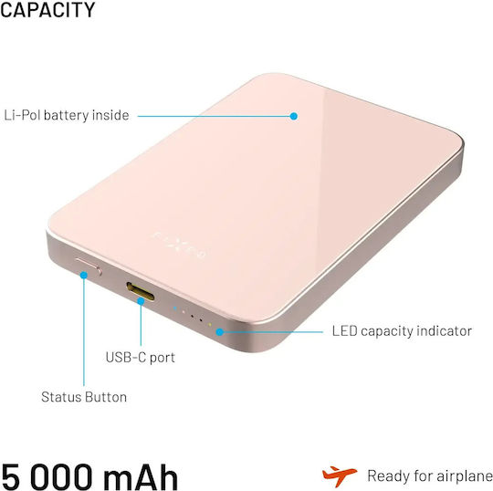 Fixed MagZen 5 Crystal MagSafe Qi2 Външна Батерия 5000mAh 20W с USB-C Изходен Порт Power Delivery Розова