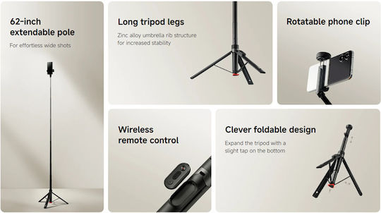 Xiaomi Zoom Floor Selfie Stick Трипод За Мобилен Телефон Bluetooth Сив