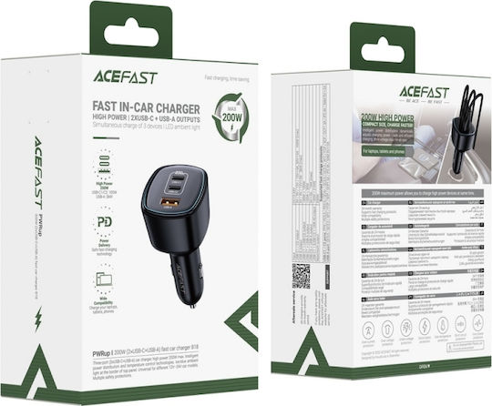 Acefast Car Charger 200W 5A Fast Charging with Ports 1xUSB-A 2xType-C Black Colour