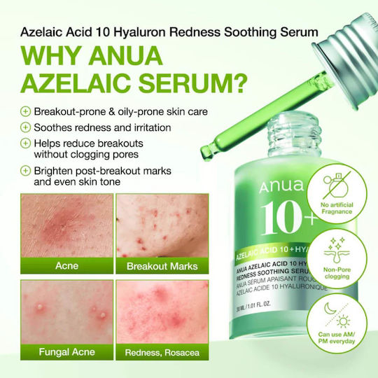 Azelaic Acid 10 Hyaluron Soothing & Moisturizing Serum Face with Niacinamide & Hyaluronic Acid 30ml