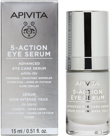 Apivita 5-Action mit weißer Lilie Feuchtigkeitsspendend & Anti-Aging Serum Augen mit Hyaluronsäure für Dunkle Augenringe & Straffung 15ml