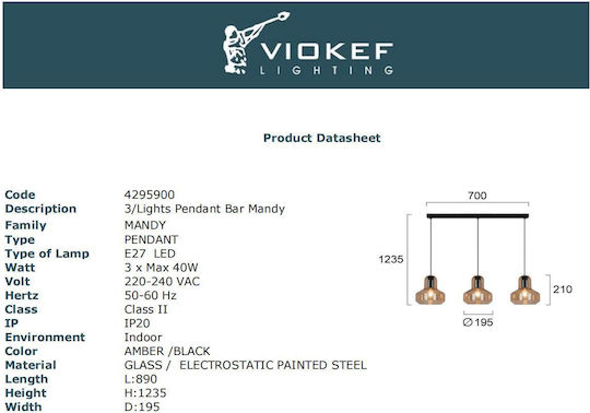 Viokef Mandy Висящо Осветително Тяло Кехлибарен Rail с Цокъл E27 70x210см.
