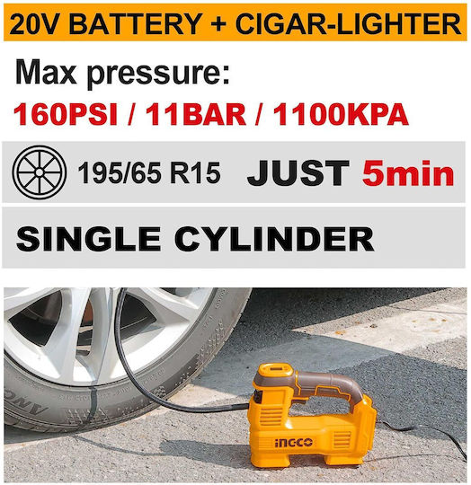 Ingco Pompă Auto 160PSI Reîncărcabilă (Fără Baterie) 20V