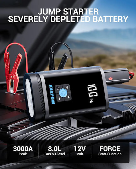 Avapow JP3 Преносим Стартер за Автомобилен Акумулатор и Мотоциклет 16000mAh с Захранваща банка / USB / Помпа / Фенер 12V