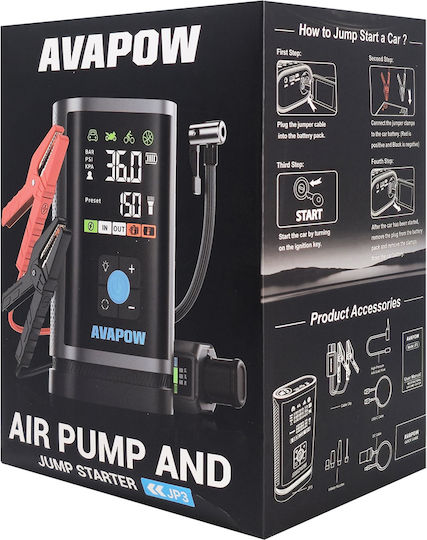Avapow JP3 Преносим Стартер за Автомобилен Акумулатор и Мотоциклет 16000mAh с Захранваща банка / USB / Помпа / Фенер 12V