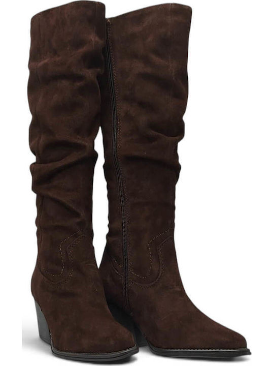Leather Women's Boots with Medium Heel Brown