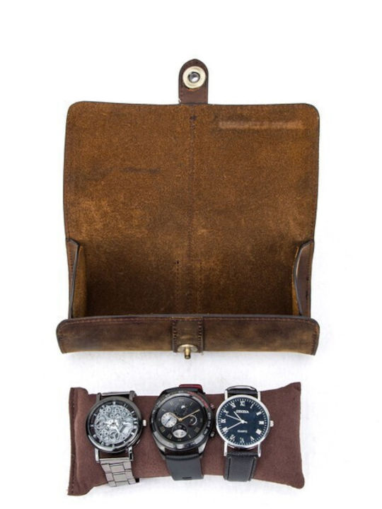 Leather Travel Case for 3 Watches Watch Roll Daponte Brown