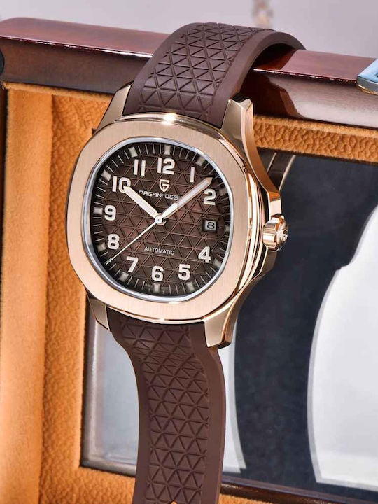 Pagani Design Ceas Bărbătesc 41mm Automat cu Curea din Cauciuc Rose Gold / Maro