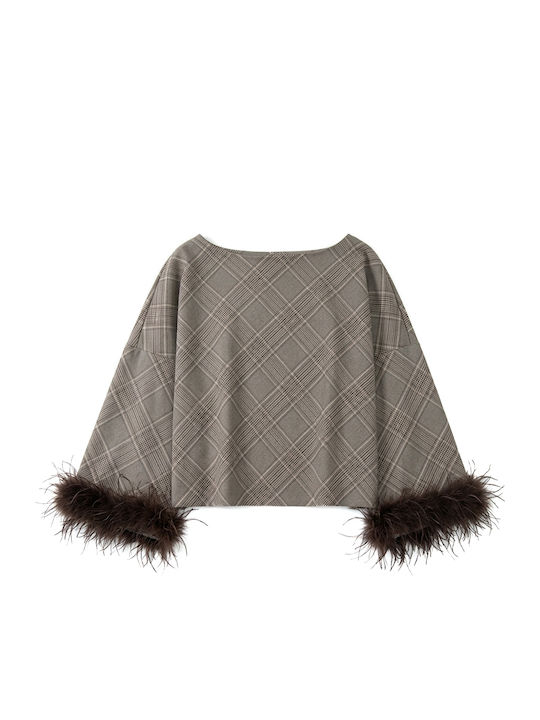 Bluza Damă Mânecă Lungă Carou Maro-Bej
