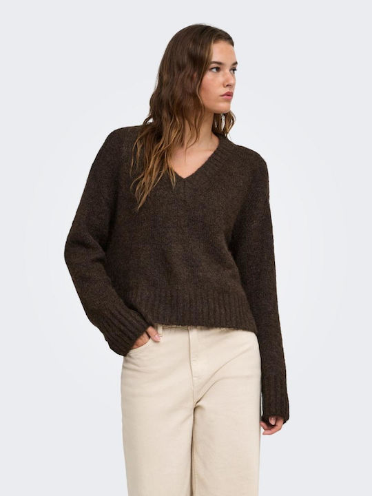 Only Fiona Women's Long Sleeve Sweater with V-Neck Brown