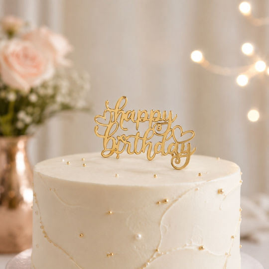 Acrylic Cake Topper "happy Birthday" Heart Gold Model 9 Cm Lumea