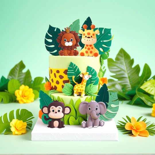 Set 16 Topperuri Tort Festiv Temă Junglă Safari Verde Salvie Dulciuri Animale Leu Elefant Maimuță Girafă Frunze Tropicale Decorațiuni Tort Copii Festiv Botez Baby Shower