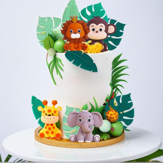 Set 16 Topperuri Tort Festiv Temă Junglă Safari Verde Salvie Dulciuri Animale Leu Elefant Maimuță Girafă Frunze Tropicale Decorațiuni Tort Copii Festiv Botez Baby Shower