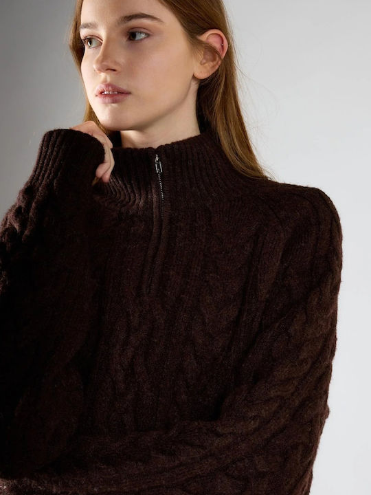 Women's Sweater with Neckline with Zipper Dark Brown Marl