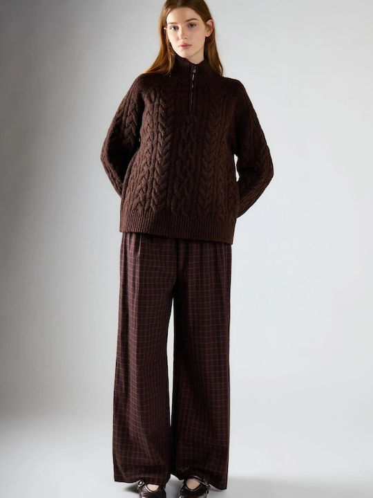 Women's Sweater with Neckline with Zipper Dark Brown Marl