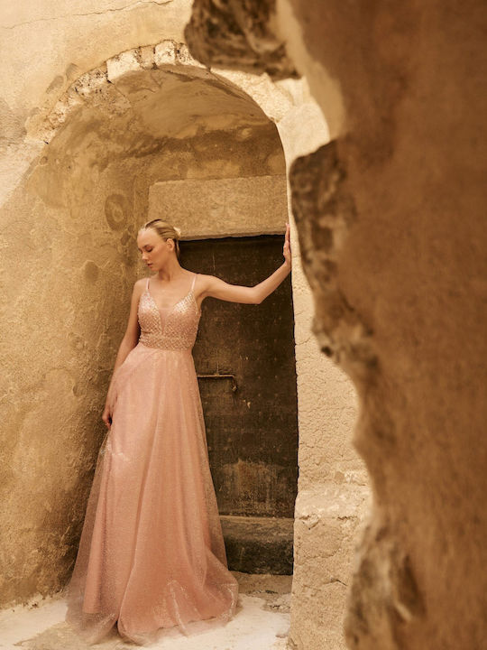 Лятна Maxi Рокля За Вечерно Излизане С Прозрачни Елементи Old Pink Розова