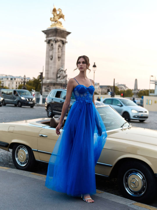 Maxi Вечерна Рокля с Дантела и Прозрачни Елементи Синя
