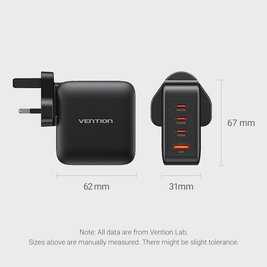 Vention GaN Charger with USB-A Port, 3 USB-C Ports and USB-C to USB-C Cable 140W Power Delivery / Quick Charge 3.0 Black (FEIB0-UK)