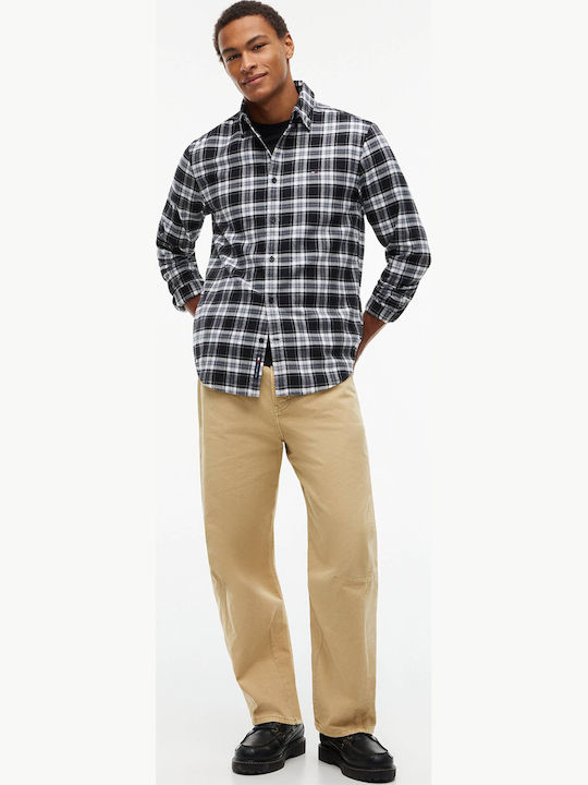 Long Sleeve Flannel Shirt in Regular Fit Checked Black/White