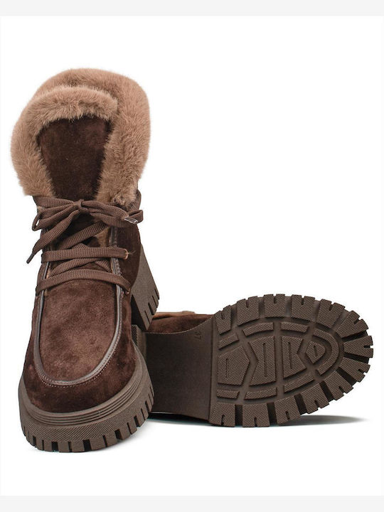 Suede Women's Ankle Boots with Fur Brown