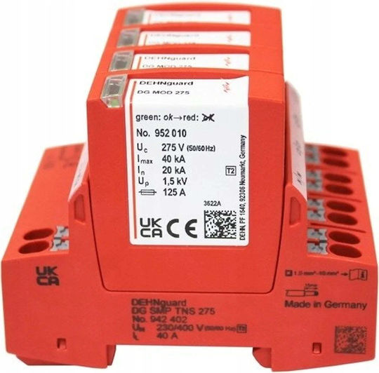 Мълниезащитен Тип T2+t3 20kA 4 Полюса Push-in Dehnguard SMP TNS 275 DG SMP TNS 275 942402