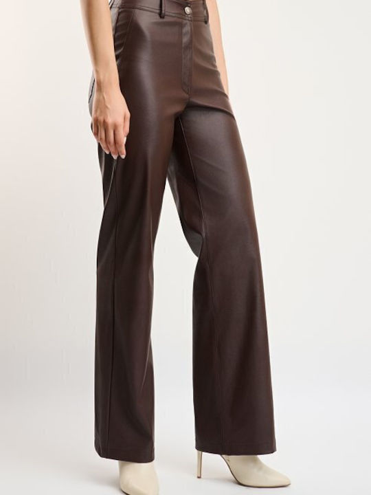 Women's High Rise Leather Trousers in Straight Leg Black