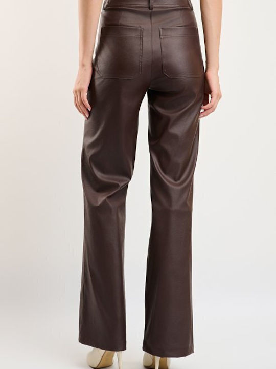 Women's High Rise Leather Trousers in Straight Leg Black