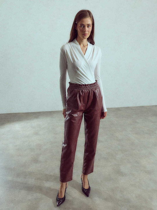 Damen Lederhose mit Volant Hochbund Burgundisch