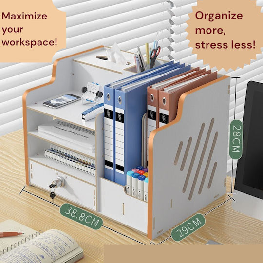 Organizator de Birou Din Lemn Cu 9 Compartimente Sertar Organizator Pentru Chei Documente A4 Accesorii Pentru Bibliorafturi 38.8 X 29 X 28 Cm Alb