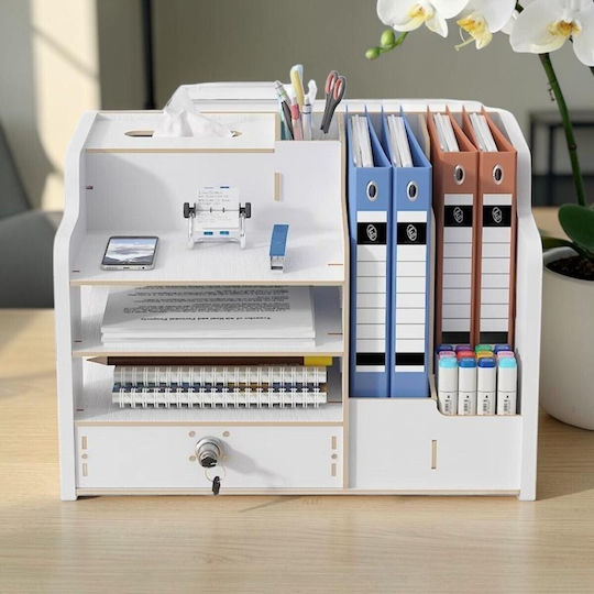 Organizator de Birou Din Lemn Cu 9 Compartimente Sertar Organizator Pentru Chei Documente A4 Accesorii Pentru Bibliorafturi 38.8 X 29 X 28 Cm Alb