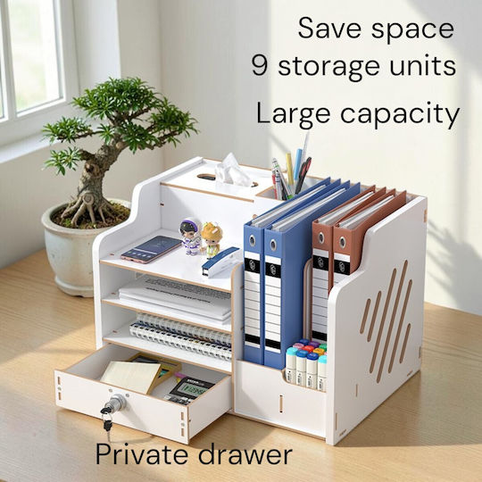 Organizator de Birou Din Lemn Cu 9 Compartimente Sertar Organizator Pentru Chei Documente A4 Accesorii Pentru Bibliorafturi 38.8 X 29 X 28 Cm Alb