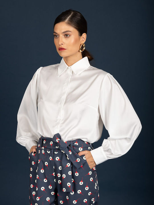 Long Sleeve Women's Satin Shirt Ecru