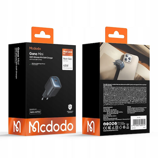 Mcdodo Încărcător Fără Cablu GaN Cu 2 Porturi USB-C 45W Power Delivery Alb (Gana Mini)