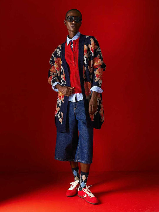 Long Women's Knitted Floral Navy Cardigan