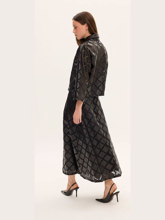 Kendall Set Cu Fustă Midi Din Piele Cu Model Carou Neagră