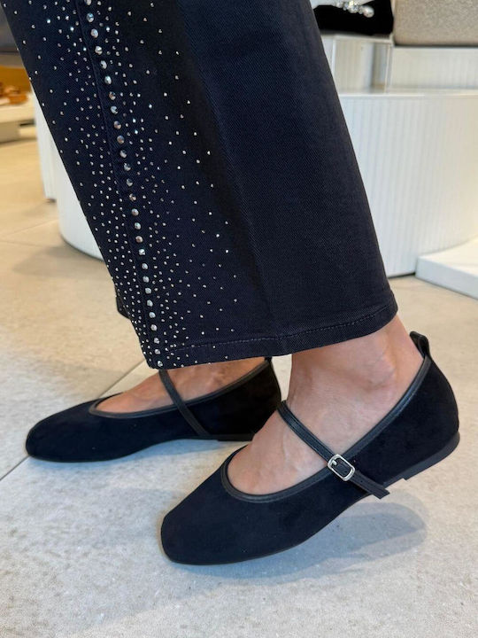 Wildleder Damen Ballerinas Spitz zulaufend Mary Jane mit Riemchen Schwarz