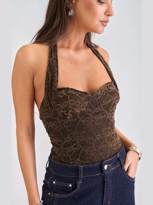 Damen-Bodysuit Samt mit Spitze & Verstärkung Braun Dunkel