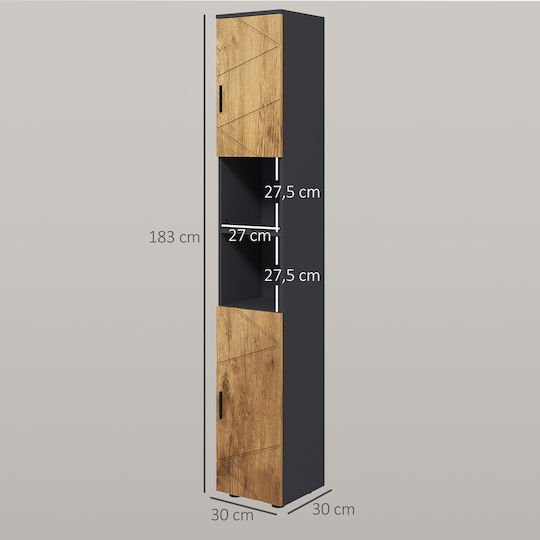 Kleankin Badezimmer-Säulenschrank Boden M30xB30xH183cm Eiche