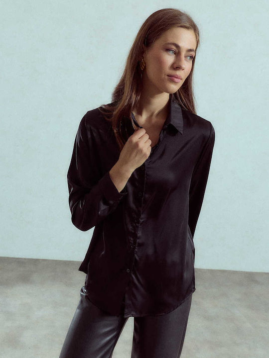 Celestino Damenhemden Satin Monochrom Schwarz