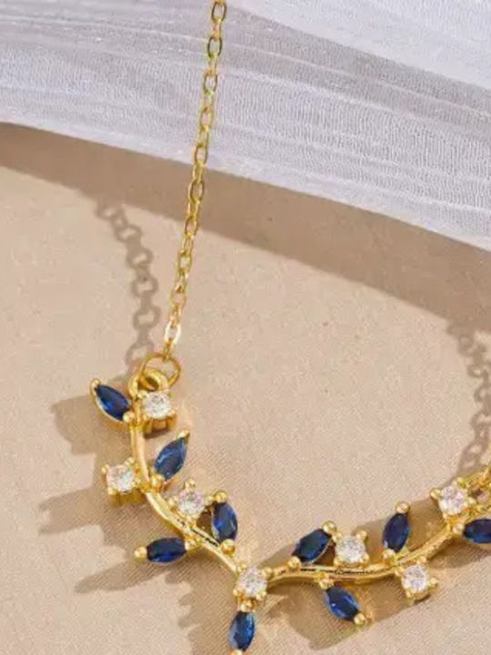 By Queen Colier Din Argint 925 Sapphire Leaves Nuanță Aurie Cu Zircon Albastru